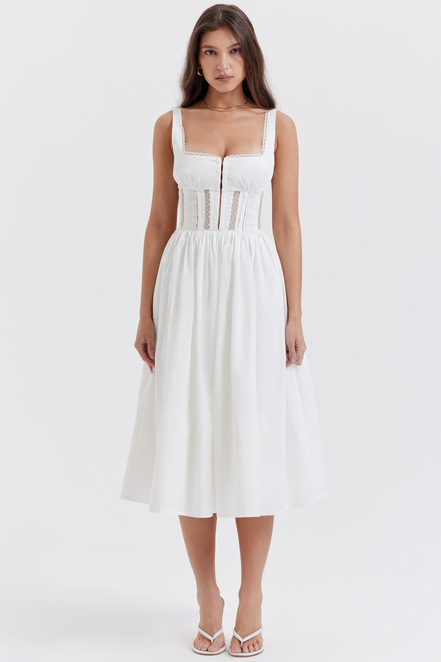 'Perle' White Lace Trim Midi Dress